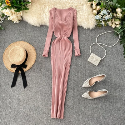 

2020 Autumn Winter Women Korean Fashion Long Sleeve Bodycon Knitted Dress