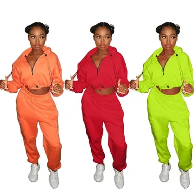 

B54259A Women casual sports suit fashion pure color hoody pants set, Orange/red/green