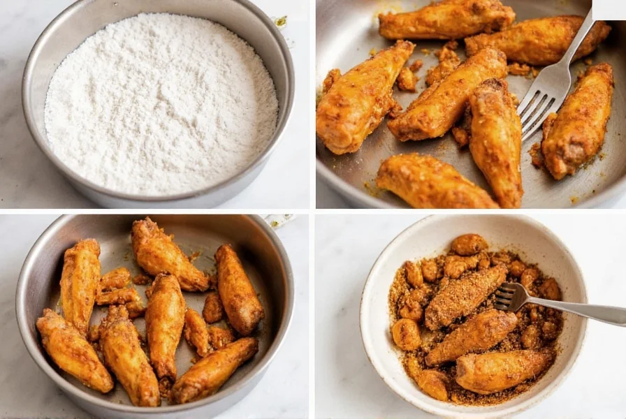 Step-by-step preparation of salt and pepper chicken wings showing cornstarch coating, frying process, and seasoning toss