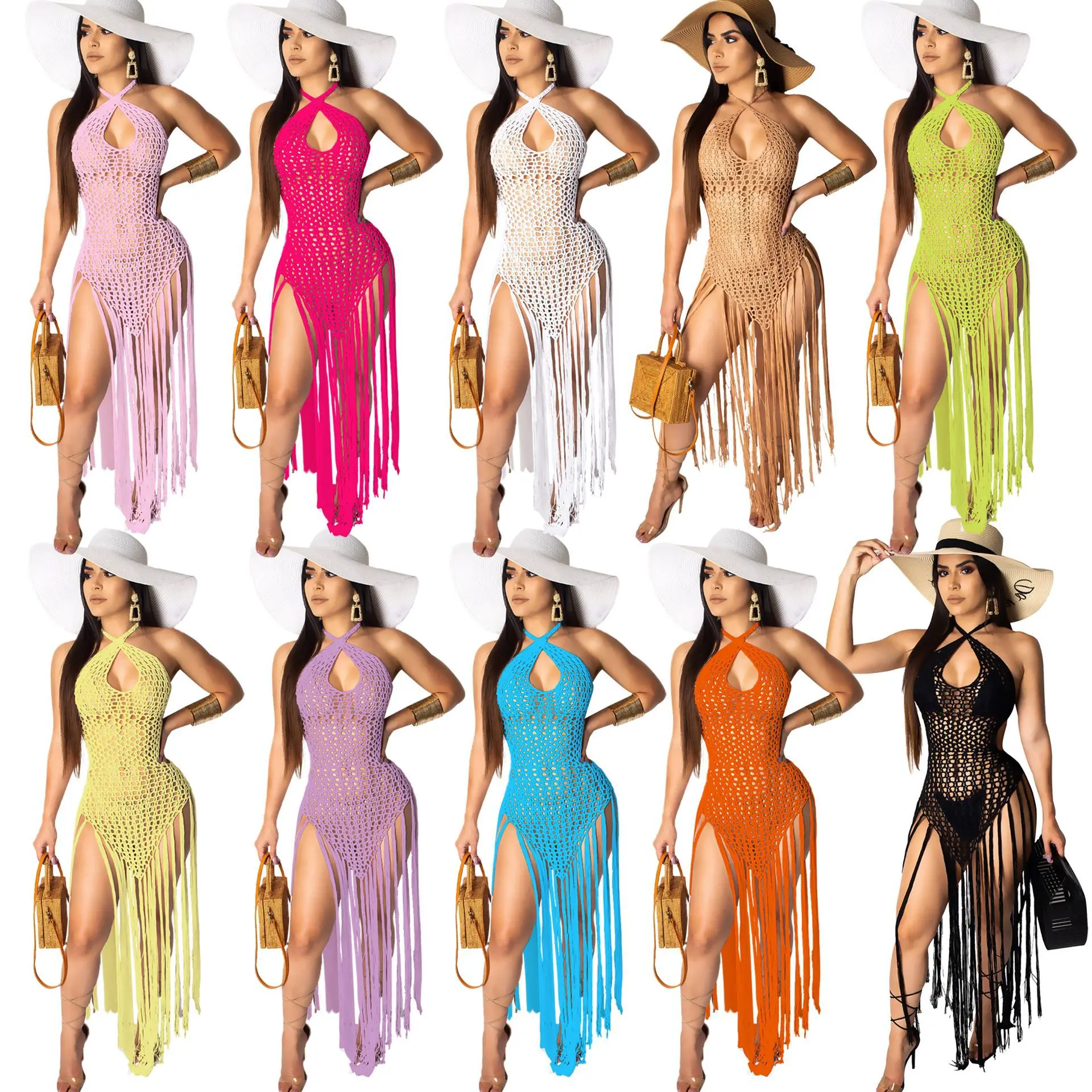 

KOS4065 2020 Fashion Sexy Halter swimsuit See Through Crochet Fishnet Tassel Beach Dresses for Women Summer