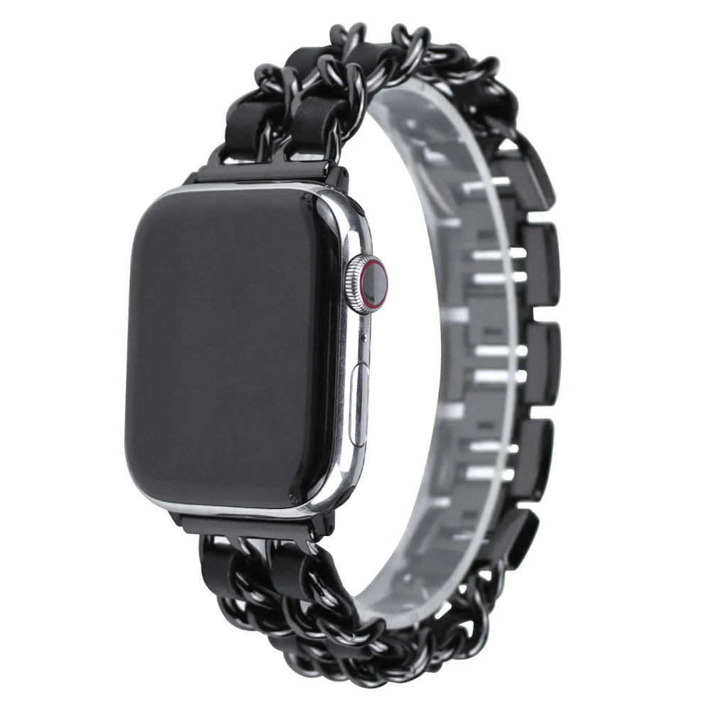 

New Stainless Steel Chain Double Row Leather Strap For Apple Watch Band 38mm 40mm 42mm 44mm, Many color for your option