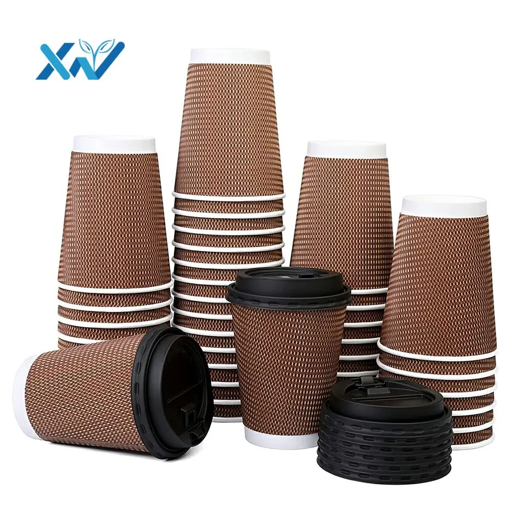 

Take Out Hot Coffee Drinks Kraft Double Wall Ripple Paper Cups with Lid