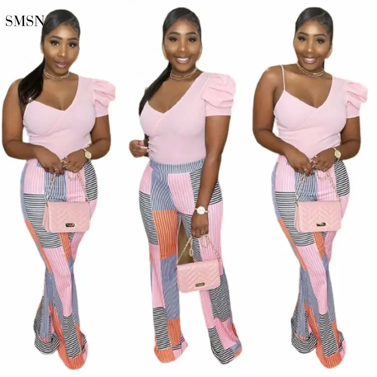 

Latest Design 2021 Autumn Single Shoulder Sling Short Sleeve Asymmetry Design Plaid Printed Pants Women Two Piece Set