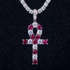 KRKC&CO Hip Hop Pendant Men and Women Two Tone Pink Ankh Cross Pendant Zircon Iced Out Ruby Crosses Religious Pendant