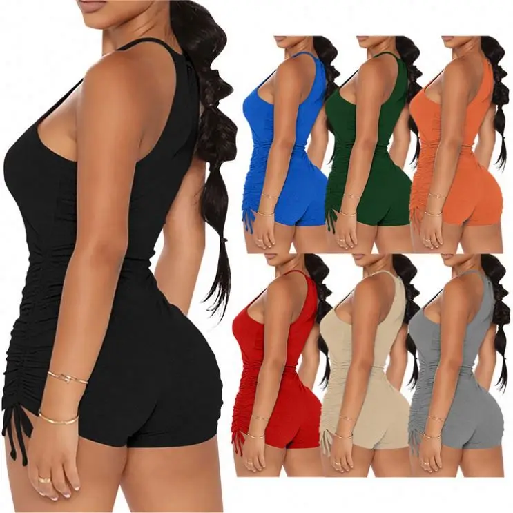 

MISSMOEN Hot Selling Sleeveless Summer Solid Color Drawstring Pleated Women Ladies Casual One Piece Short Jumpsuits And Rompers