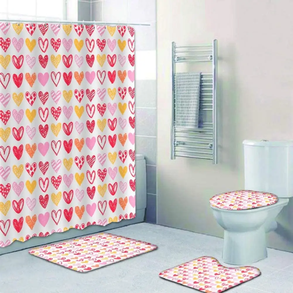 

Valentine's Day Shower Curtain Sets, Romantic Sweetheart Shower Curtain with Rugs and Toilet Lid Cover, Bath Mat