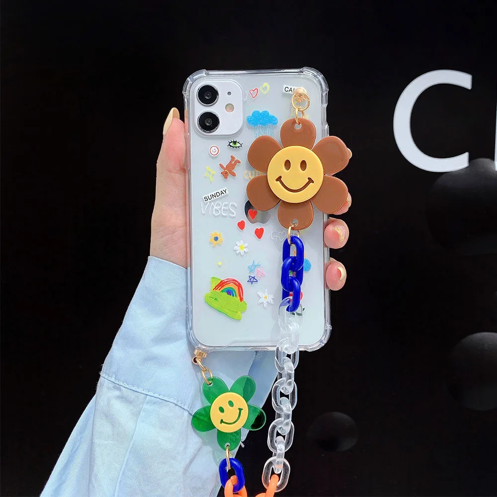 

Wrist Chain Case for iPhone 11Pro Max 7 8 Plus XR XS Max Transparent Cases Cute Graffiti Flower Chain Hanging Case for iPhone 12