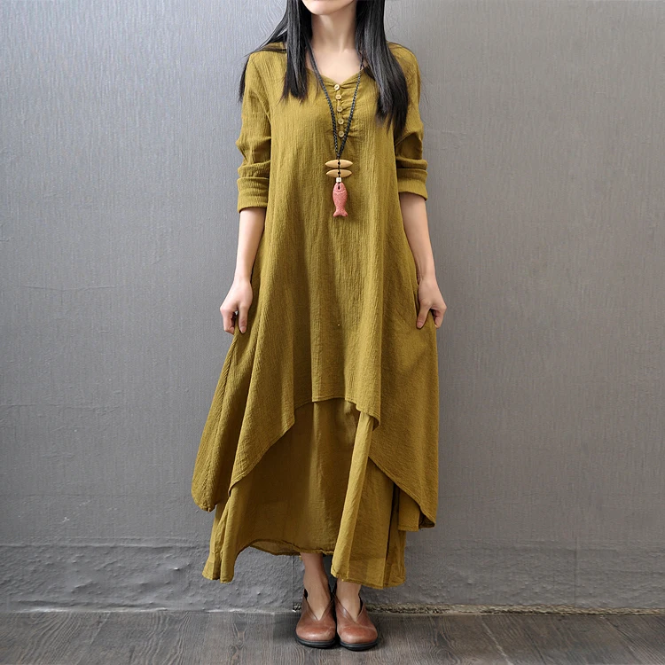 

Women Long Sleeve Muslim Vintage Solid Color Maxi Dress