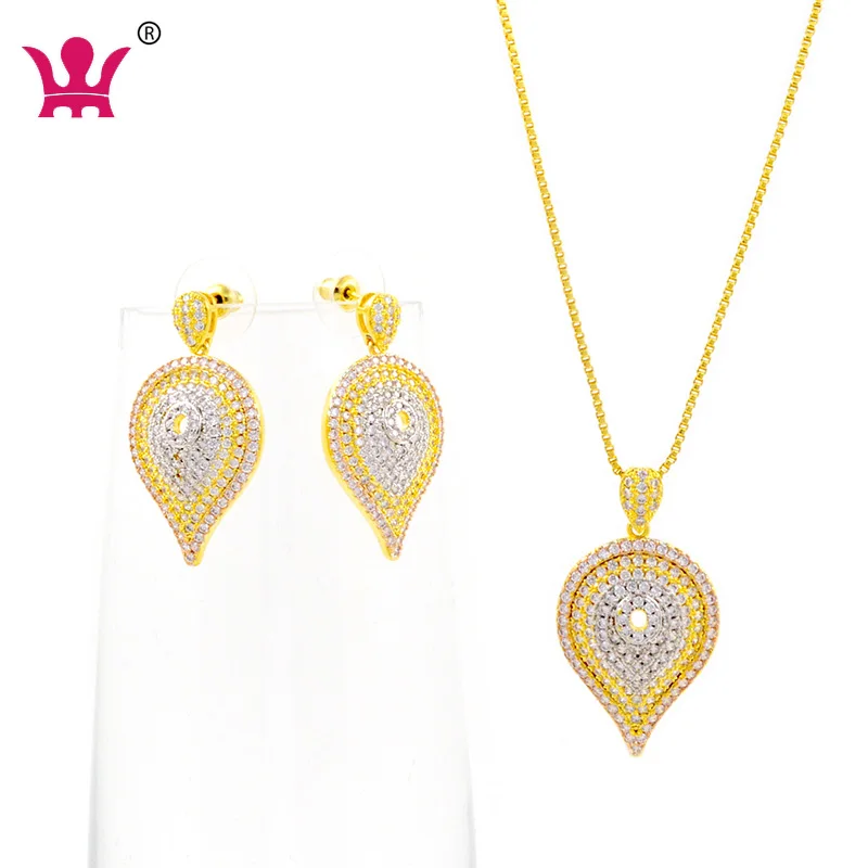

wmjys0030 Express Free Shipping Gold Plated Crystal Water Drop Pendant Necklace Earring Suit Jewelry Set For girl, White stone with three colours platium plated