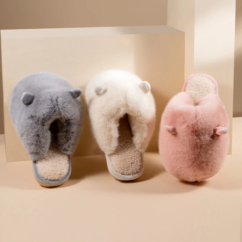 

MMX329 New Arrivals Women Winter Plush Home Slippers Cheap Price Ladies Bedroom Slippers, White pink grey green blue