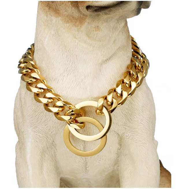 

Custom Gold Chain Dog Collar 15mm Cuban Link Dog Chain for Collar Metal Stainless Steel Dog Collar