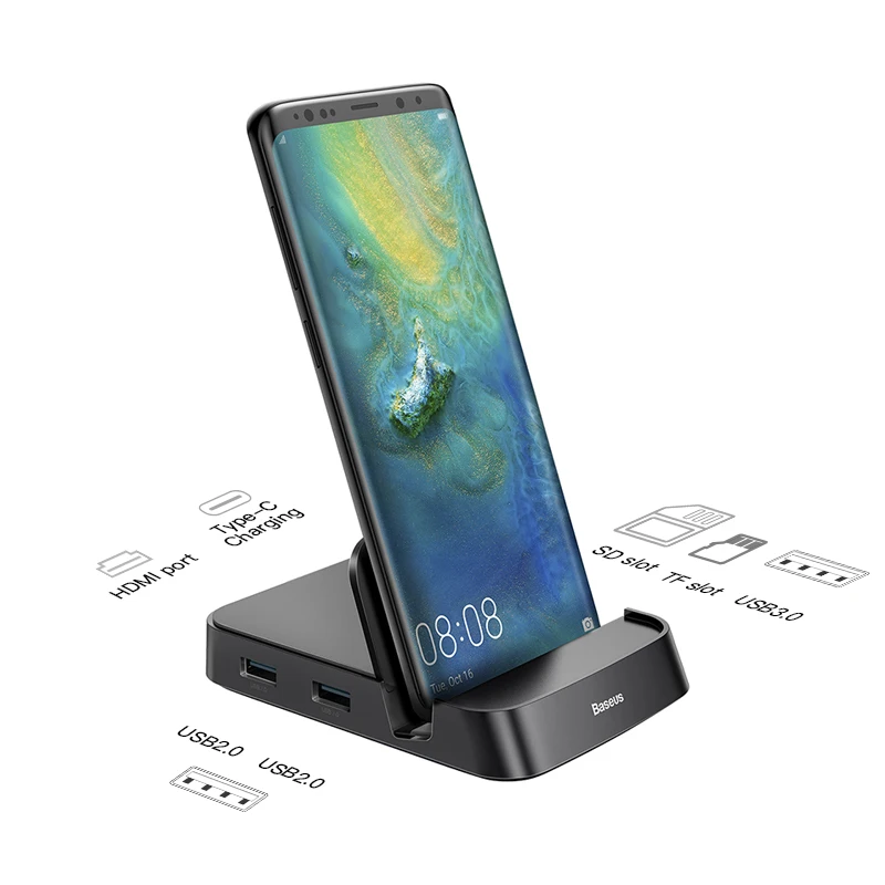 

For Baseus 7in1 USB HUB Phone Holder TypeC Docking Station 3*USB 3.0+1*HD+1*SD/TF Solt+1*3.5mm Aux Jack+1*Type-c PD Charge Port