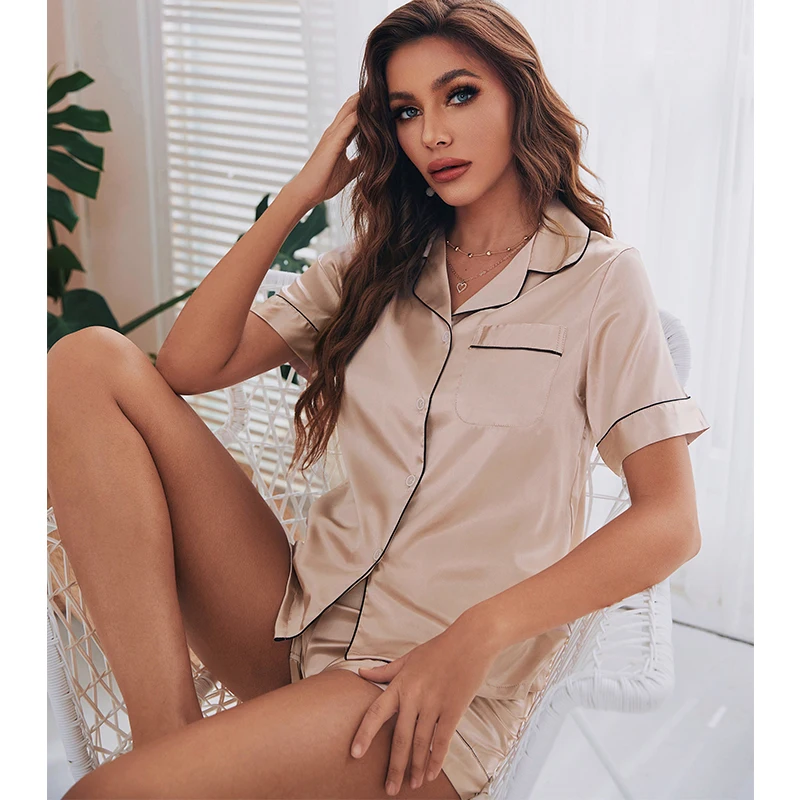 

Wholesale summer women korean short sleeve bride short satin pajama short sets with pocket