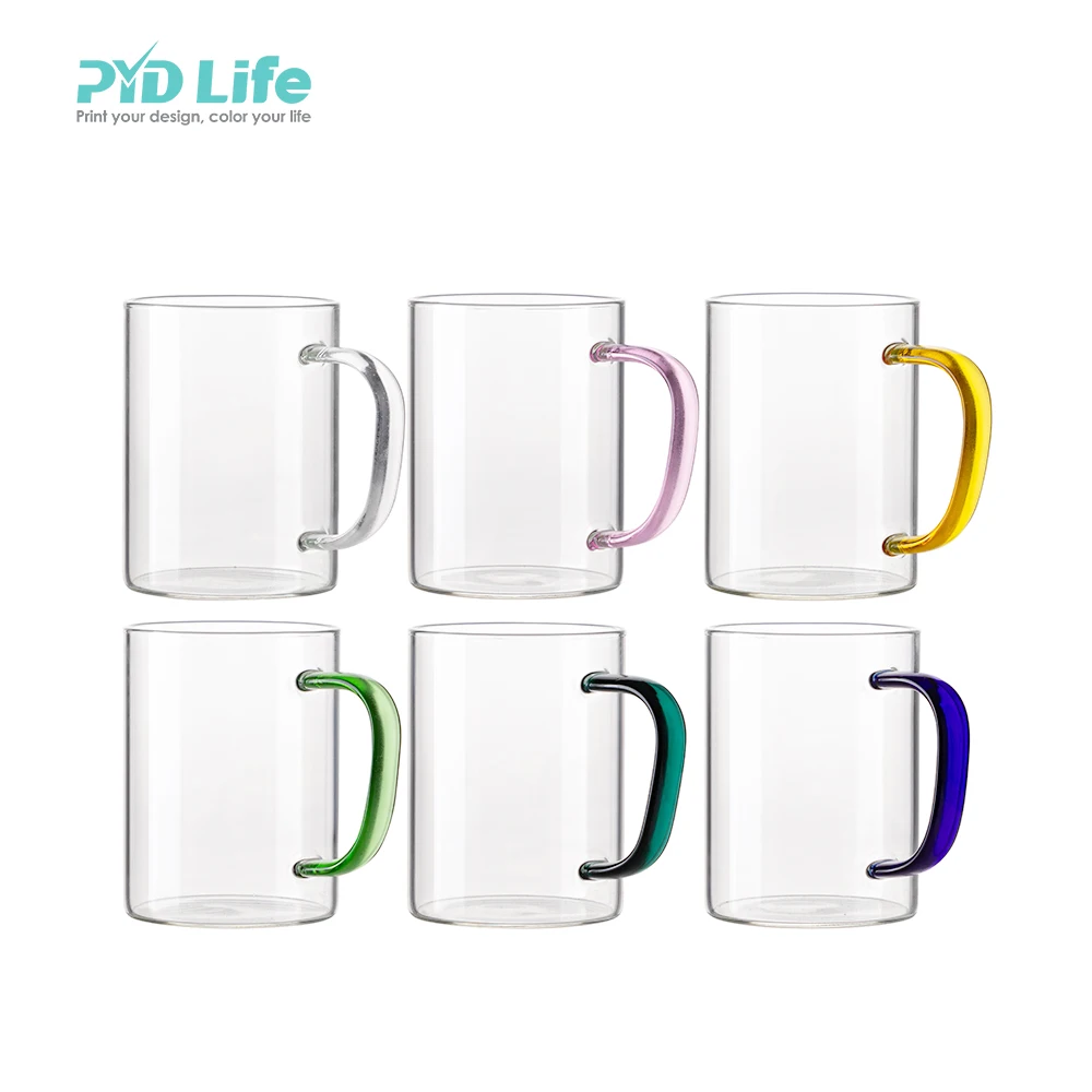 

PYD Life 2023 15oz 450ml Wholesale Blanks Cup Clear Sublimation Glass Coffee Mug with Colored Handle