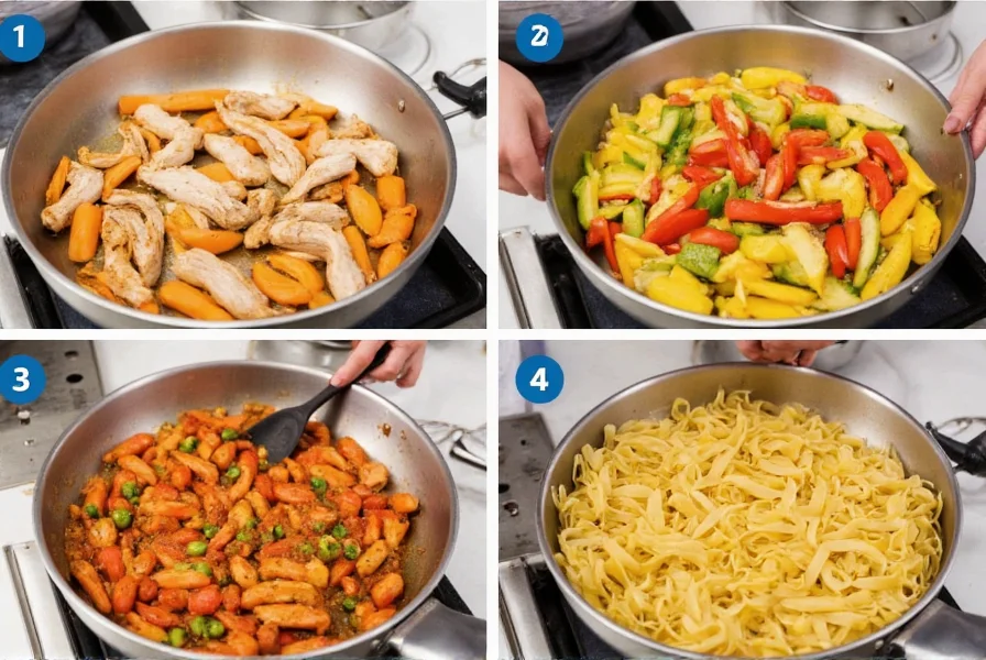 Step-by-step preparation of chicken pepper pasta showing seared chicken, sliced bell peppers, and cooked fettuccine in a professional kitchen setting