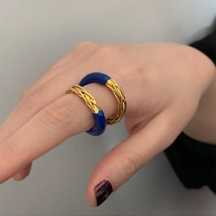 

Indie Cool White Blue Oil Drop Opening Rings Real Gold Plated Stackable Twisted Enamel Finger Rings For Women