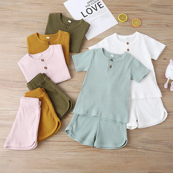 hot sell europe and America summer solid color two-piece suit casual kids clothes sets