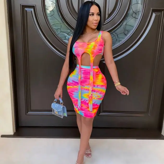 

X02718C Tie Dye Print Sexy Co Ord Set Women Fashion Party Outfits for Women Crop Top and Mini Bodycon Skirt 2 Piece Matching Set, Black