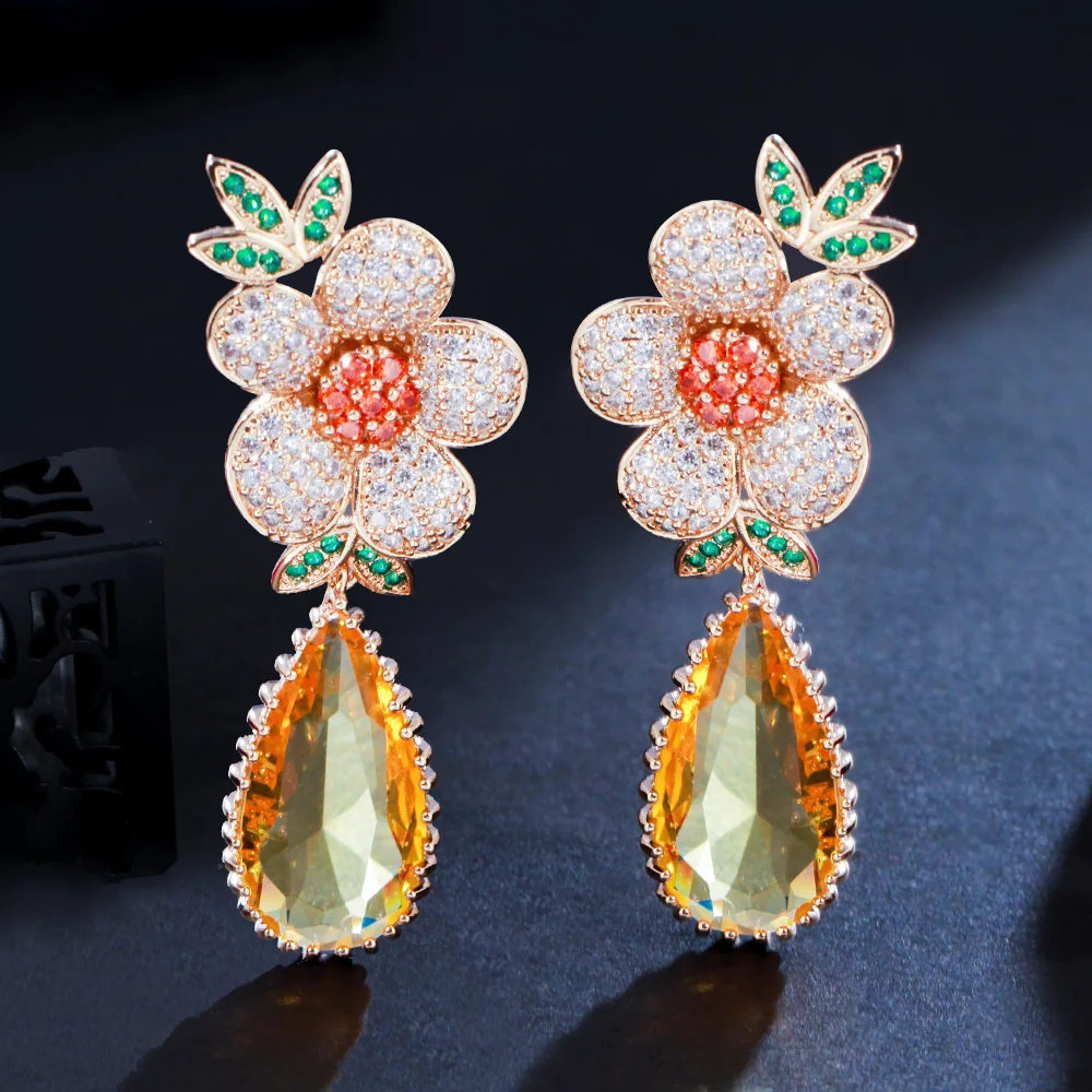 

Unique Design Micro Pave Cubic Zirconia Flower Yellow Crystal Long Drop Engagement Party Earrings for Women Luxury Brand Jewelry