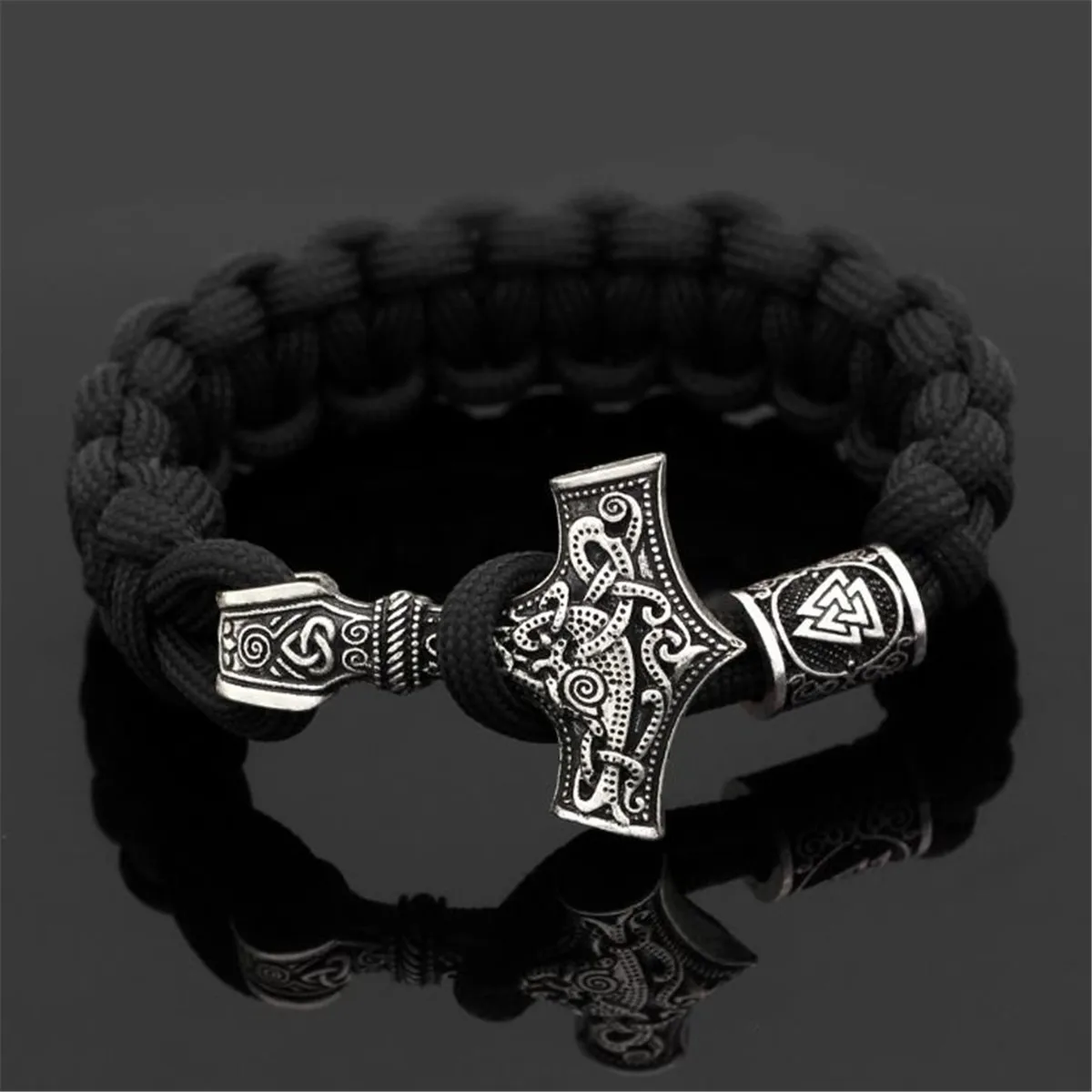 Men Black Parachute Rope Norse Viking Thor Hammer Rune Bracelet Jewelry Gift
