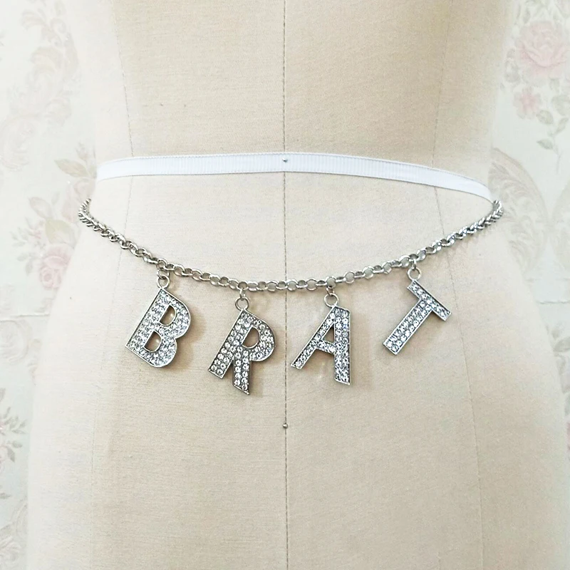 

Elegant Ladies Waist Chain Dress Decoration Custom Diamond Letters Waist Chain Belly Chains, Silver color