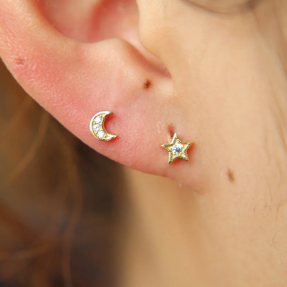 

4-5mm super mini silver delicate dainty minimal girls gift moon star stud small mini earring, Picture