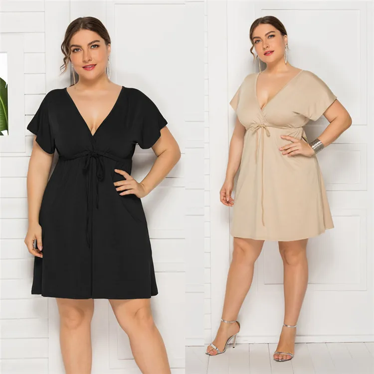 

2021 Women Summer Beach Solid Lace Dresses Sexy Short Sleeve Backless Deep V-Neck Big Sizes Casual Vestidos