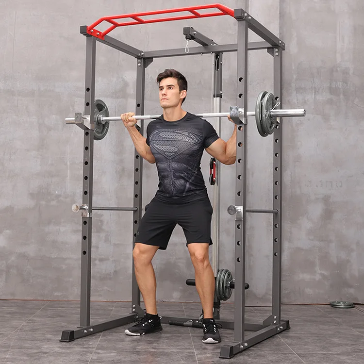 

Home use J008 009 cable crossover Smith machine bumper plates power squat rack, Black+red