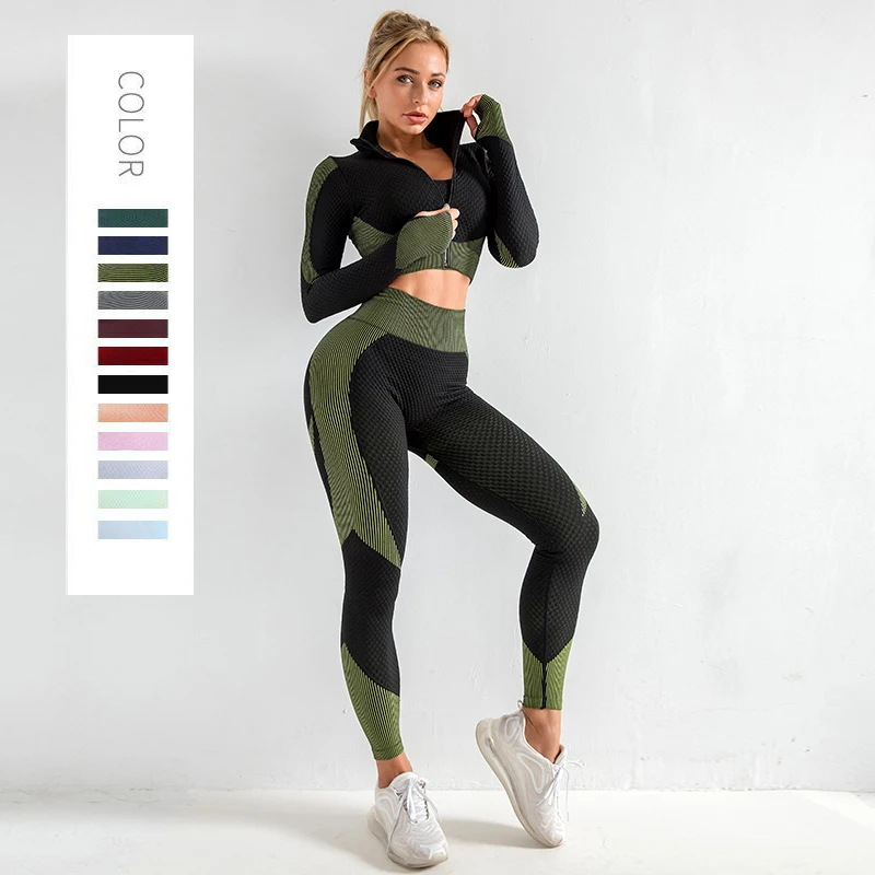 

Hot Selling Seamless Sports Wear Suit XL Size Knitted Elastic Fitness Pant Long Sleeve Front Zipper Crop Top Legging Yoga Set