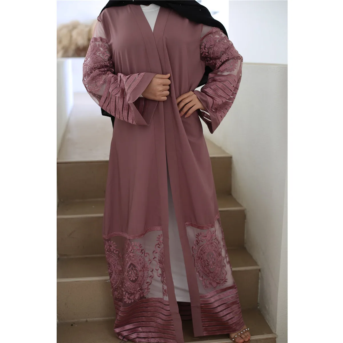 

New Fashion Women's Embroidery Mesh Cardigan Dubai Islamic Robe Dress Galabia Muslim Women, Pink, gray, black, blue