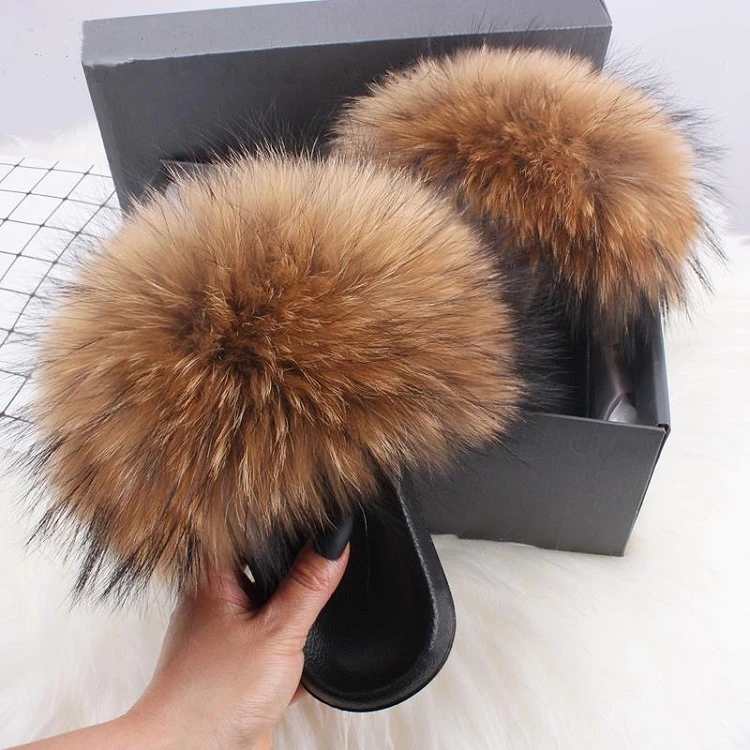 

USA big thick brown racoon custom designer logo real womens raccoon furry fluffy fur slides slippers sandals pvc for women kids