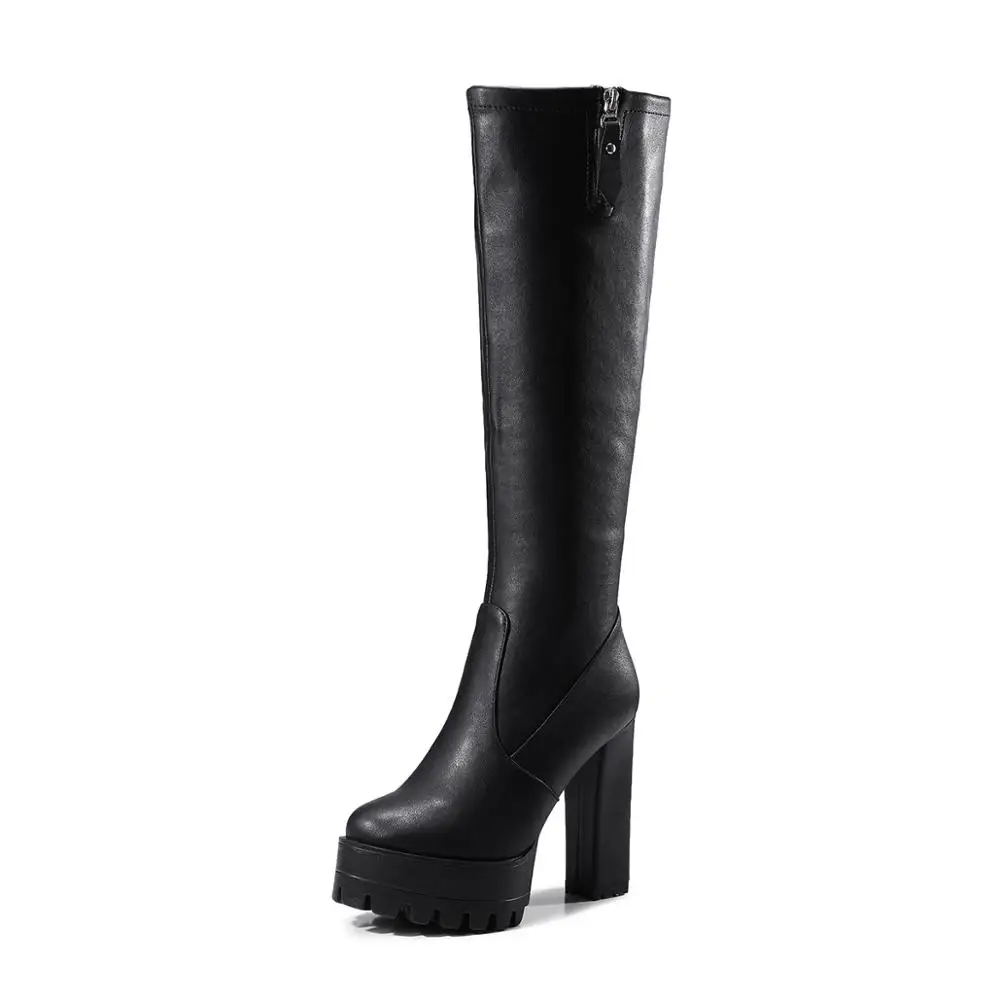 

Round Head Waterproof Platform Side Zipper Thick Heel Ladies Knee Boots, Black
