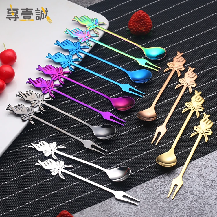 

304 Stainless Steel Love Design Gold Stirring Cute Dessert Coffee Spoon Fork Set For Gift, Silver,gold,rose gold,black,blue,purple,rainbow