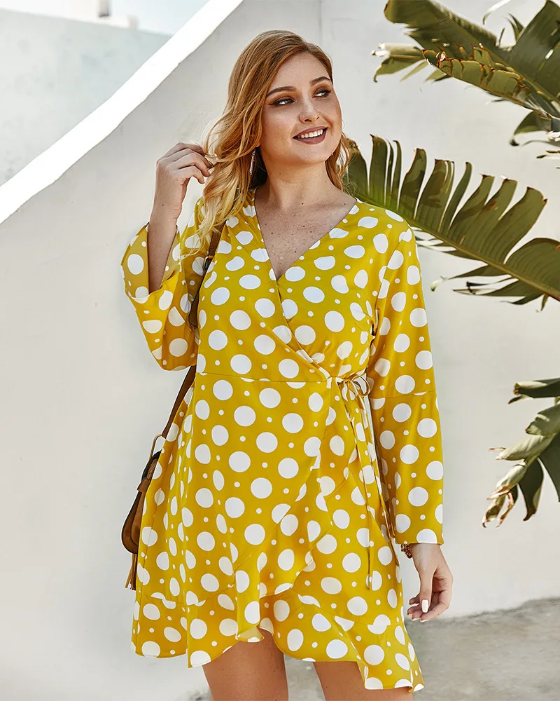 

2020 New Arrivals women V-Neck Polka dots Printed side-tie women plus size dress