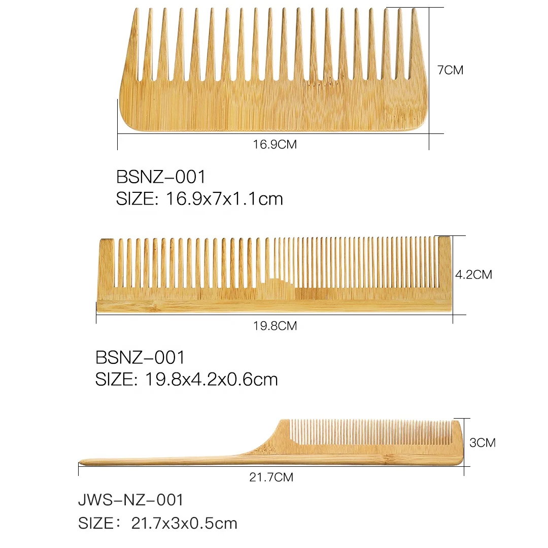 

3PCS Custom Logo Anti-static ECO-friendly Natural Bamboo Wide Tooth Comb with logo Rat Tail Comb Set