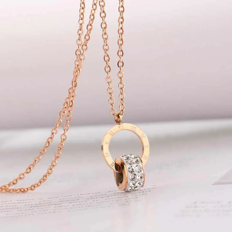 

New Women's Roman Numerals Engraved Titanium Steel Necklace Personality Rose Gold Micro Insert Clay Zircon Necklace