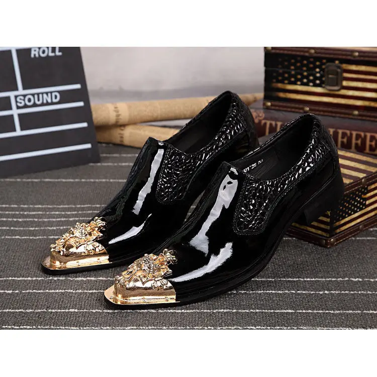 

Designer Luxury Brand Gold Metal toe glossy Dress Men High quality Leather shoes Zapatos Hombre Pointy Formal men's dress Shoes, Black/as pictures shows