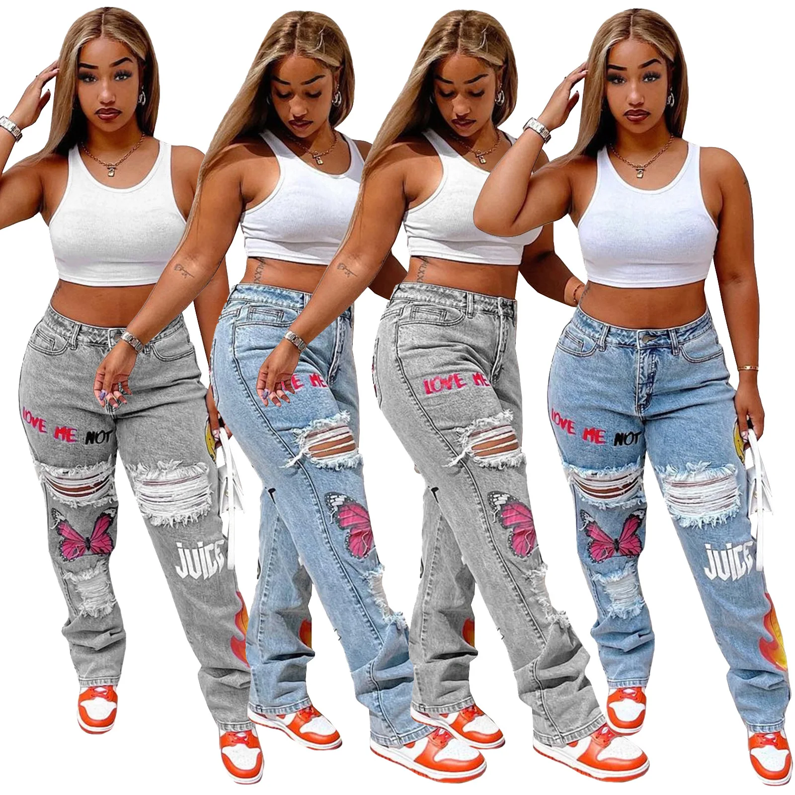 

HIgh quality 2022 new Fashion Skinny Light Blue Denim Pants Ripped Distressed Women Jeans, Grey blue