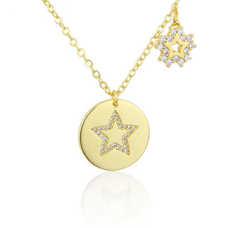 

New Design Double Tag Stars Fashion Necklace Gold-plated Brass Pendant Inlaid With Colored Zircon Jewelry Gift, Gold color