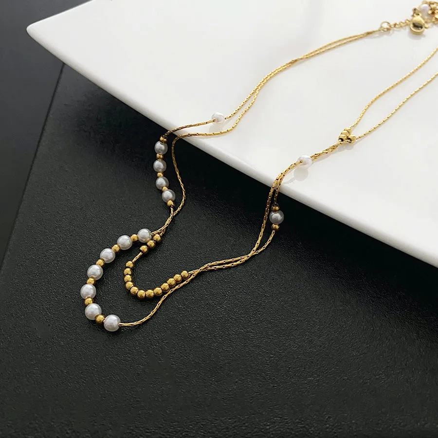 

Titanium Steel Pearl Necklace 2023 New Double Layer Layered Light Luxury Necklace for Women