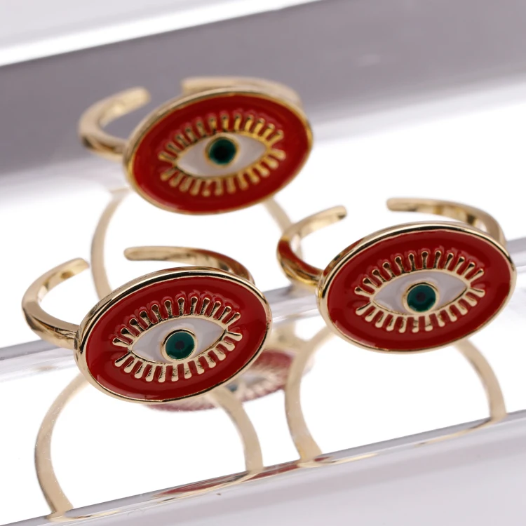 

High Quality Gold Plated Red Enameled Jewelry Devil Evils Eye Rings Adjustable Copper Ring for Women, Gold palted