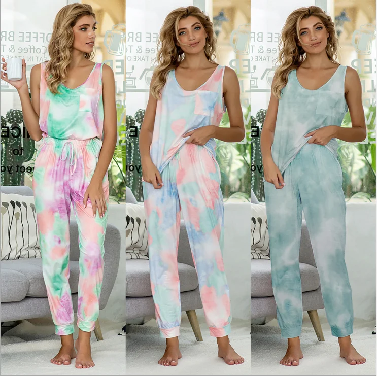 

2020 Shorts Two Piece Pyjamas Designer Cotton Tie Dye Women's Sleepwear Pijamas Set Pajamas for Women, Picture color