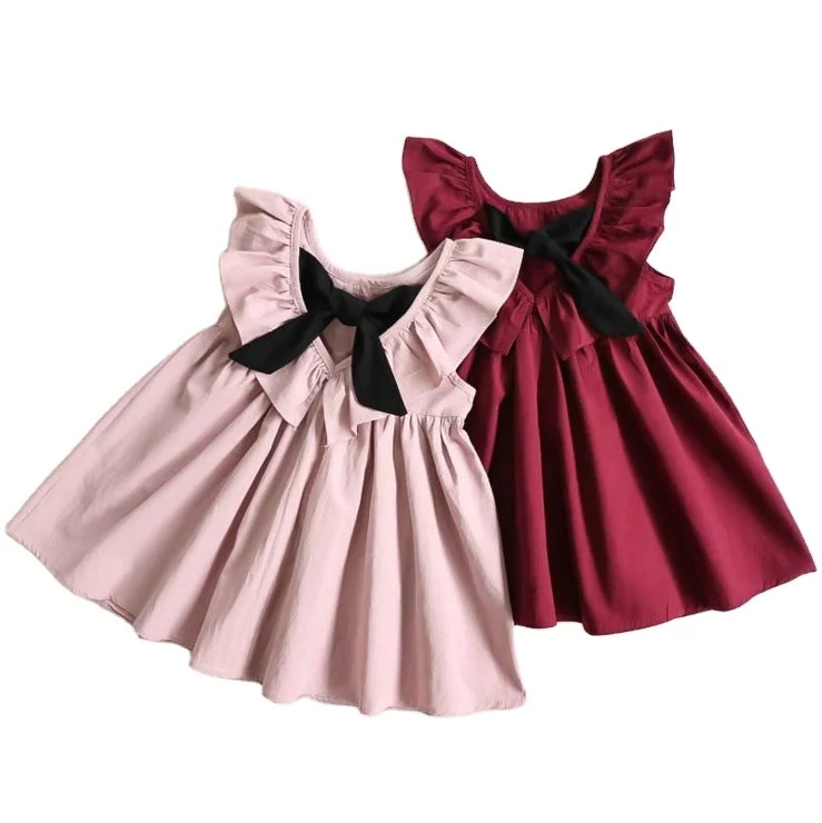 

2021baby girls dress designs kid's sleeveless dress back side deep V bow pleated halter skirt school fashion girl