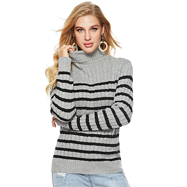 

Custom Classy Female Spring Long Sleeve Knitwear Turtle Neck Ladies Loose Women Knitted Cheap Striped Sweater, Customized color