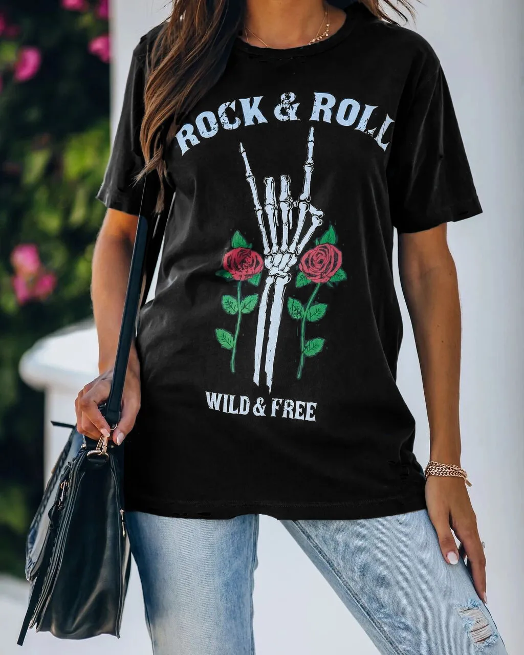 

Z77 Summer Printing Clothes Printed Rock&roll Rose Flower Women Tshirts Cotton Tops