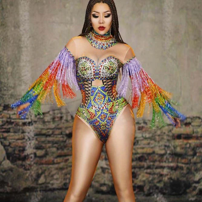

Novance Y1671 Women Rhinestone Fringes Bodycon Bodysuit Outfit Birthday Celebrate Party Prom dresses Club wear leotard vestidos