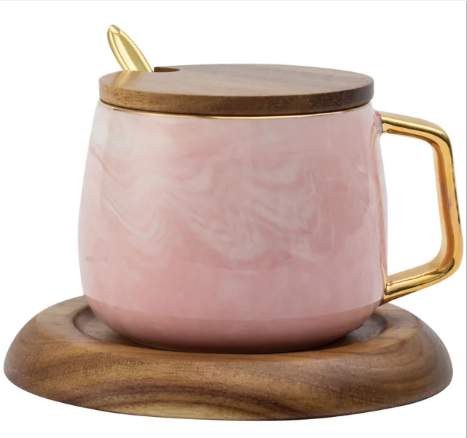 

Handpainted Gold handle Monogram Natural Marble Coffee Tea Milk Cup high quality luxury ceramic mug set with wood saucer lid, Customized promotional mug