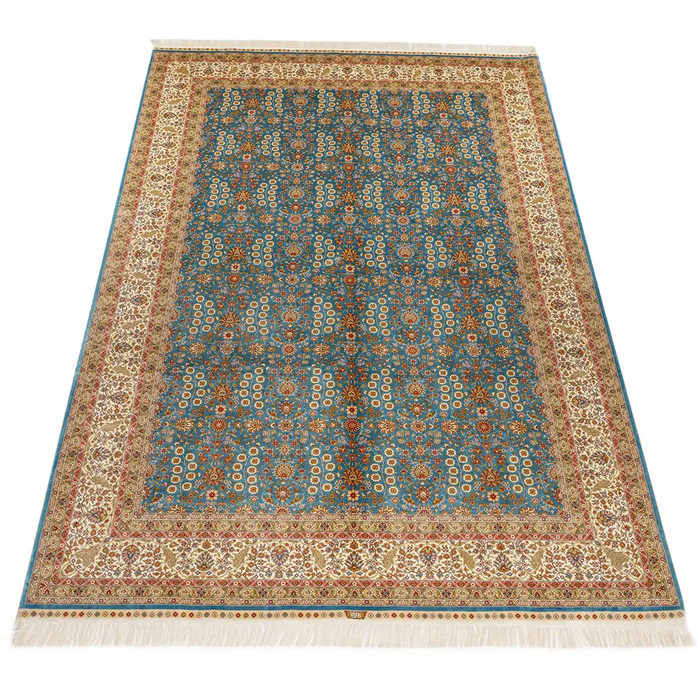 

Yuxiang Factory Directly 6*9 ft Blue and Beige Floral Hand Knotted Persian Silk Carpet for Home Decor