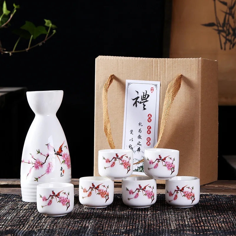 

7 Pieces Sake Set Porcelain Pottery Traditional Gift Box Ceramic Wine Glass Japanese Sake Set, White or any pms colour is accepted