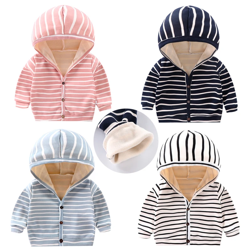 

2021 Children Coat Baby Boys and Girls Autumn Winter Stripe Hooded Coat Thick Warm Clothes, A variety of colors are available